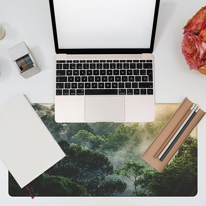 Desk Mat, Tropical Forest Landscape Desk Pad, Misty Forest Large Gaming Mouse Pad for Desk, 31.5"x15.7" Extended Big Computer Keyboard Mouse Pad with Non-Slip Base and Stitched Edge