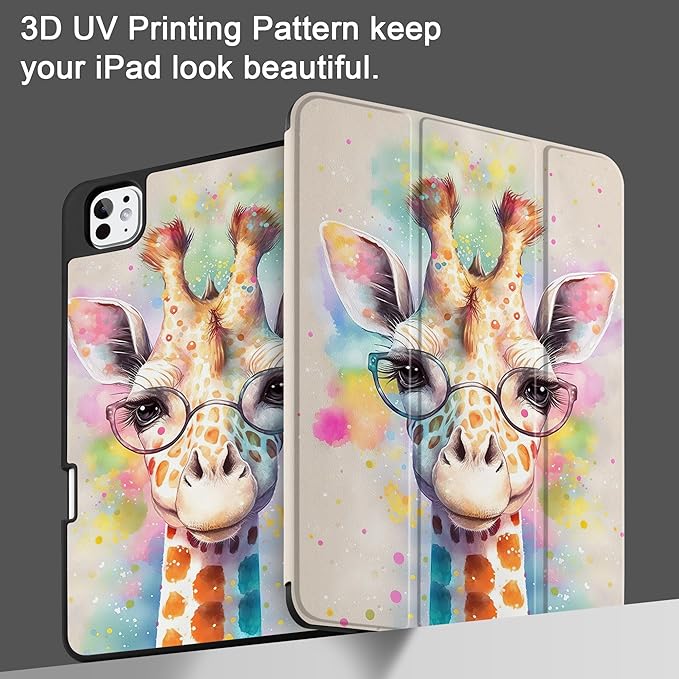 MEEgoodo Case for M5 iPad Pro 11 inch 2025/M4 iPad Pro 11 inch Case 2024, Tablet Cover with Trifold Stand & Pencil Holder & Auto Wake/Sleep & Soft TPU Back Cover, Giraffe