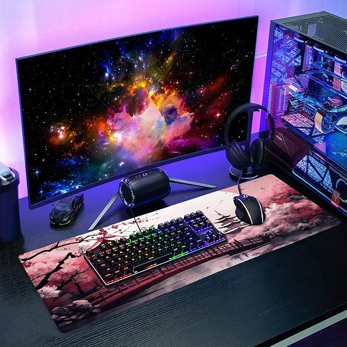 Pink Japanese Cherry Blossom Large Mouse Pad XL Sakura Forest Tree Sun Tower Mountain Extended Large Desk Mat Big Desk Pad 80X30 CM Non-Slip Rubber Base Stitched Edge Long Mousepad,31.5×11.8 Inch