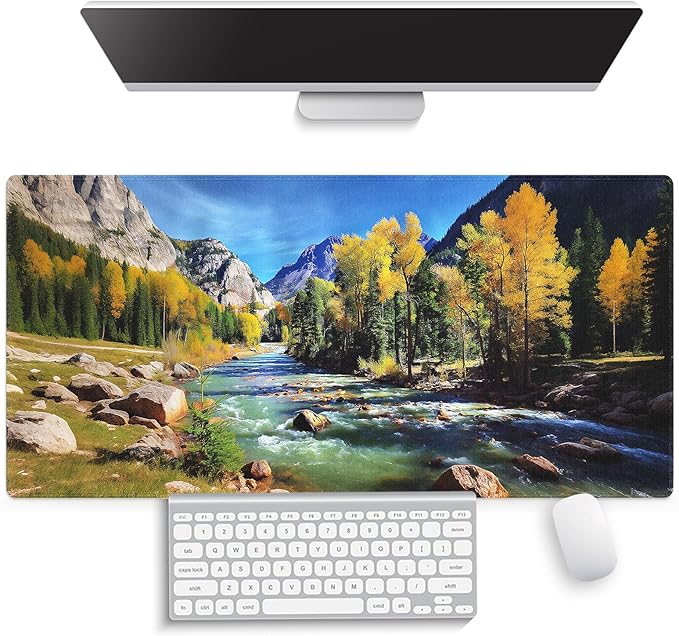 Large Gaming Mouse Pad (31.5" x 15.8") - Natural Landscape Mountains of Colorado with Forest and River Summer Foliage Idyllic, Extra XXL Office Decor, Premium Stitched Anti-Slip Office Desk Mat