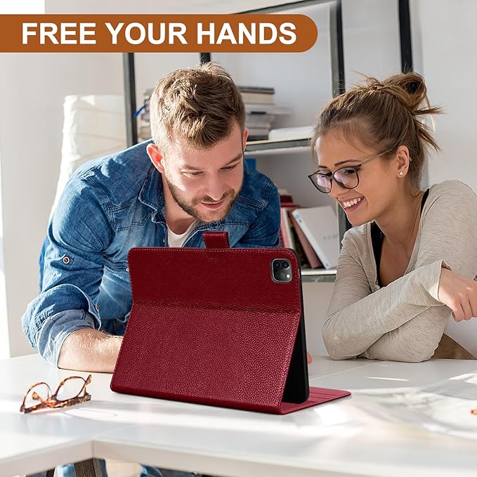 Genuine Leather Case for iPad Pro 11 Inch 4th/3rd/2nd/1st Generation 2022/2021/2020/2018 | with Pencil Holder and Adjustable Stand, Magnetic Closure, Auto Wake/Sleep Cover | Wine Red