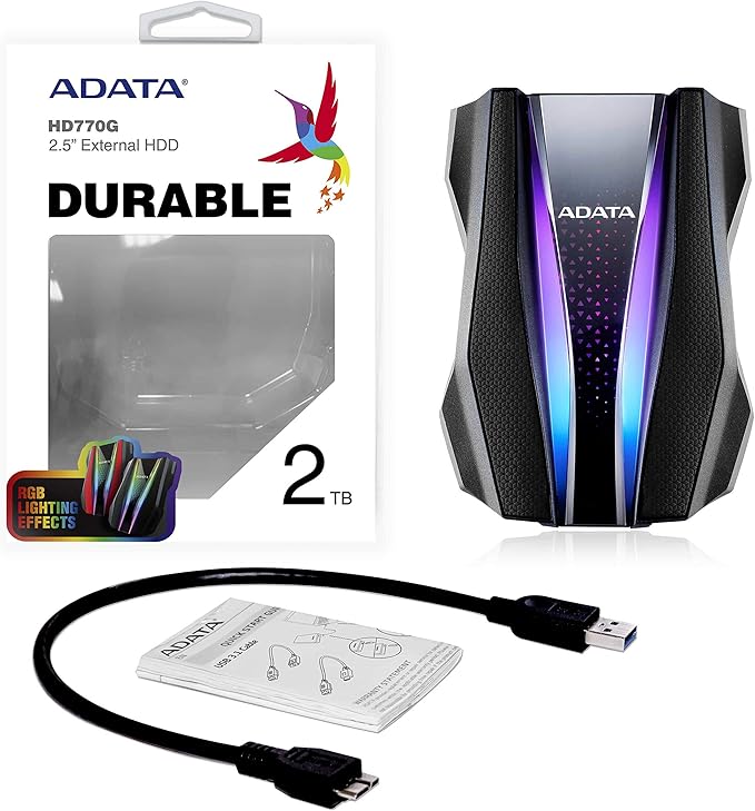 ADATA HD770G 2TB RGB USB 3.2 IP68 Waterproof Dropproof Dustproof External HDD Black (AHD770G-2TU32G1-CBK)