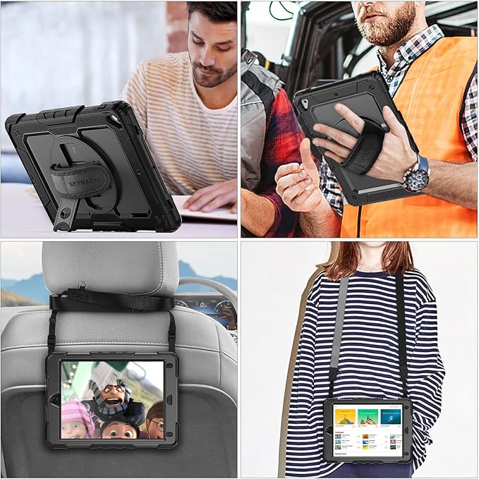 SEYMAC stock Case for iPad 6th / 5th Generation Case/Air 2 / Pro 9.7 inch, Heavy Duty Protective with Screen Protector, with Pencil Holder, Hand Strap, Shoulder Strap, 360 Rotate Stand, Black