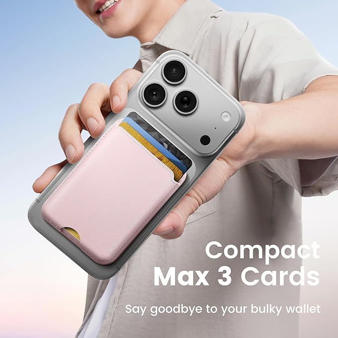 Stronger Magnetic Wallet for iPhone 17/16/15/14/13/12 Series & for MagSafe-compatible Cases, Slim Leather Magnetic Card Holder with RFID Blocking, N52 Magnet Phone Wallet, Fit 3 Cards, Pink