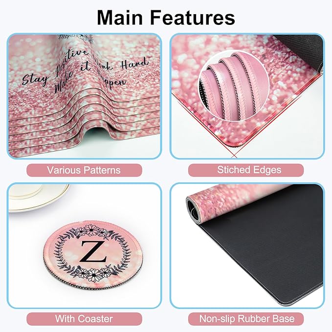Pink Large Gaming Mouse Pad with Coaster, Desk Mat, Mouse Pad for Computer Keyboard Laptop Office Decor, Stitched Edges Extended Mousepad, 31.5'' x15.6''-Letter Z