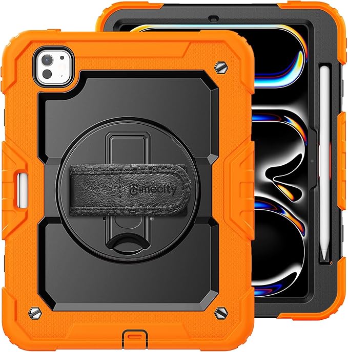 timecity Case for iPad Pro 11 Inch M5 2025 / M4 2024, 360° Rotating Stand, Pencil Holder & Wireless Charging, Shockproof with Screen Protector & Shoulder Strap - for Designers & Professionals, Orange