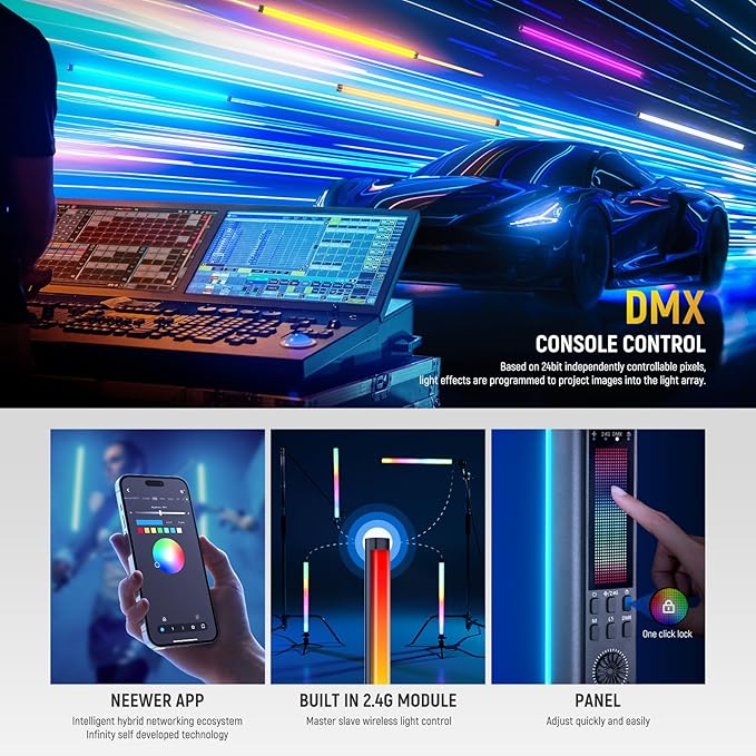 NEEWER RGB Tube Light, 30W LED Video Light RGBWW Full Color Stick Light Wand with 18 Scenes 7 Pixel Effects 2500-10000K CRI97/TLCI98 6000mAh, APP/2.4G/DMX Control for Photography Video Record, TL90C