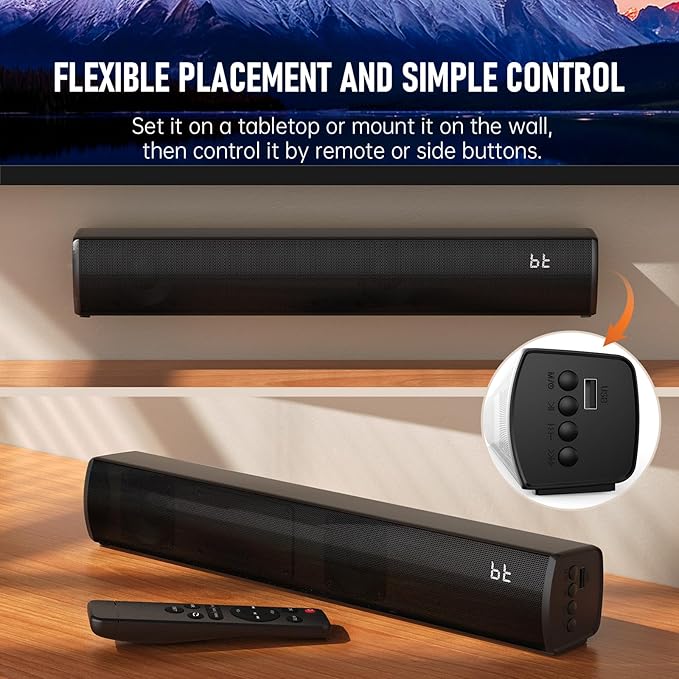 Bluetooth Wireless Surround Sound Bar, Sound Bar Wireless Surround Speakers, HDMI Sounds Bars Smart TV HDMI(ARC) OPT AUX USB 2.0ch 3 Modes Home Theater Sounds System TV/PC/Gaming/Projector, Black