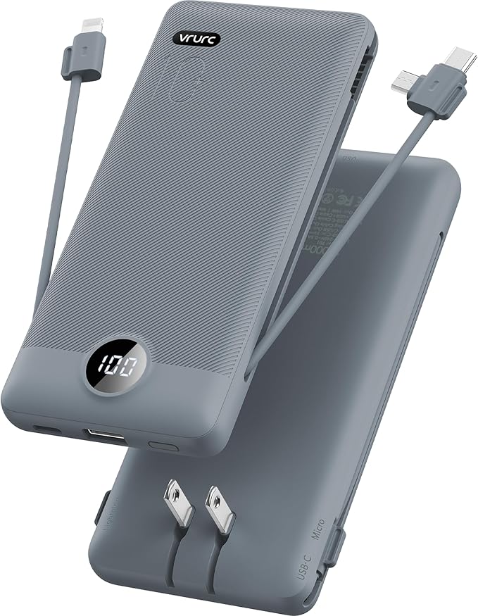VRURC Portable Charger Built-in Cables and AC Wall Plug, USB C Power Bank 10000mAh, Travel Battery Portable Phone Charger Compact Lightweight External Battery Pack for Smart Phones, Tablets etc-Grey