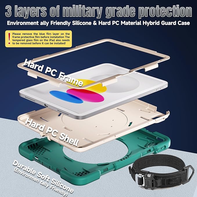 Andnary Case for iPad (A16) 11th /10th Generation 11/10.9 Inch 2025/2022 with Screen Protector/360° Rotate Stand/Shoulder Strap/Pencil Holder, Shockproof iPad 11th/10th Gen Cover (Green+White)