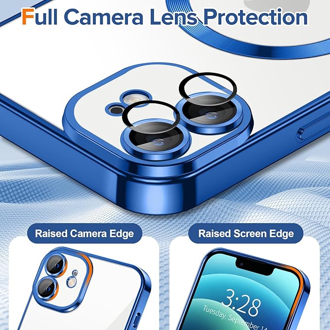 Hython Magnetic Clear for iPhone 12 Case with Camera Lens Protector [Compatible with MagSafe] Luxury Plating Edge Slim Soft TPU Cover Protective Phone Case for iPhone 12 6.1", Deep Blue