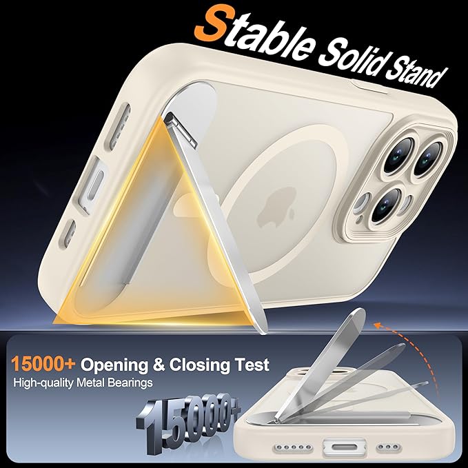 Magnetic Compatible with iPhone 15 Pro Case, [Built-in Kickstand][Full Camera Protection][Compatible with MagSafe][Anti-Fingerprint] Shockproof Phone Case for iPhone 15 Pro 6.1",Beige