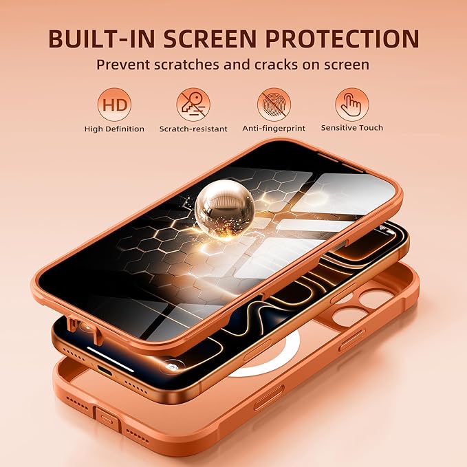 BERFY for iPhone 17 Pro Case, Compatible with MagSafe, Built-in Privacy Screen Protector, Camera Protection, Shockproof Full Body Phone Case 6.3", Translucent Cosmic Orange