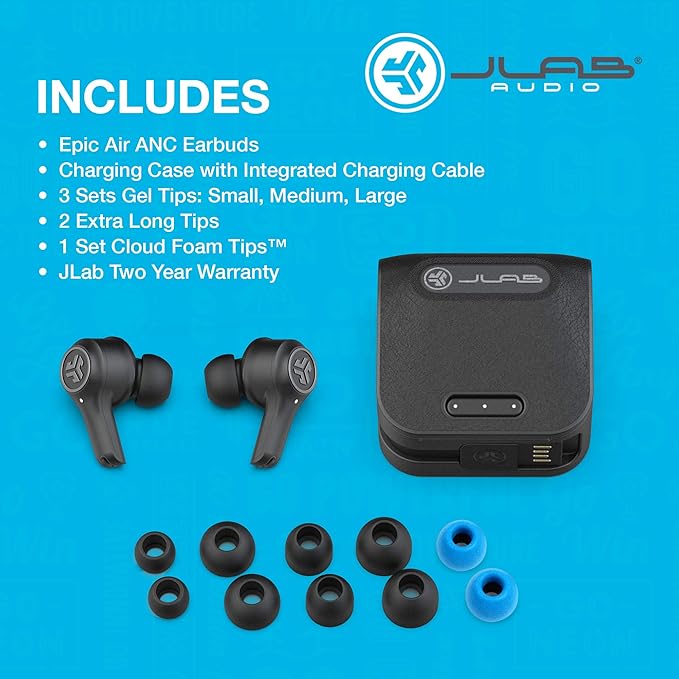 JLab Epic Air ANC True Wireless Bluetooth 5 Earbuds, Active Noise Canceling, IP55 Sweatproof, 12-Hour Battery Life, 36-Hour Charging Case, Low Latency Movie Mode, 3 EQ Sound Settings