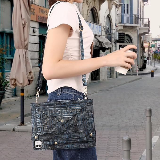 Handbag Case for iPad Pro 11" 2025 M5/2024 M4 - Techcircle Vintage Pattern Crossbody PU Leather Folio Envelope Pocket Stand Cover w/Hand Strap+Shoulder Strap+Pencil Holder+Card Slots, Retro Navy