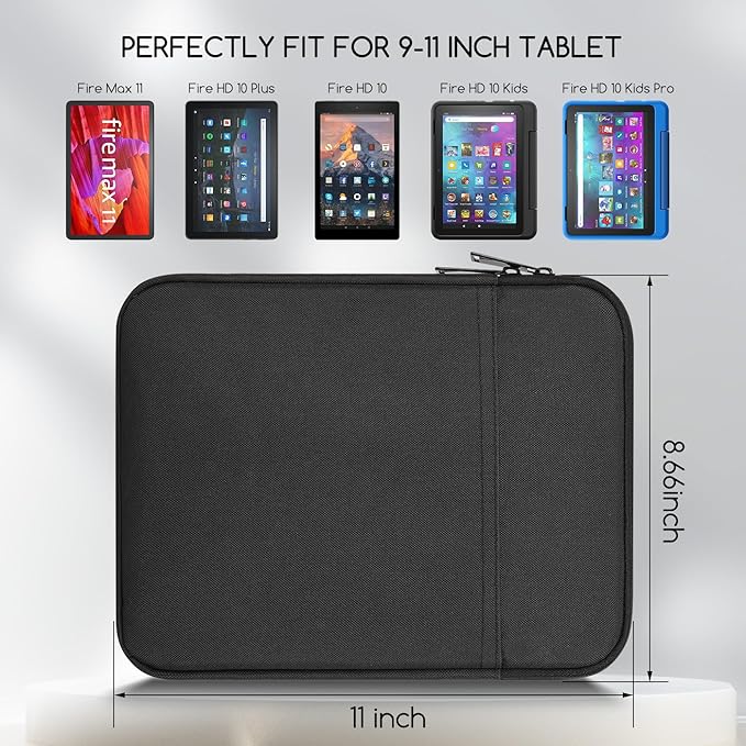 9-11 Inch Tablet Carrying Sleeve Case for Amazon Fire Max 11/10.1" Fire HD 10 Plus / 11" iPad Pro M5 M4 / Air M4 M3 M2 / iPad 11th,Samsung Galaxy Tab S9 S8 S7 A8 11" Tablet Bag(Black)