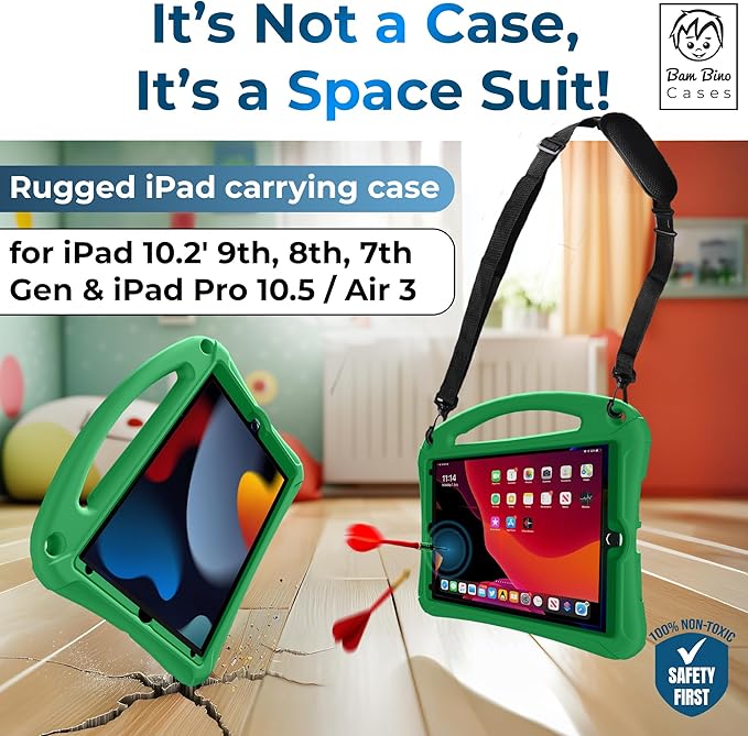 Bam Bino Space Suit iPad 9th Generation Case Kids, iPad 8th/7th/10.2 inch iPad Case for Kids | Lightweight Cover with Screen Protector, Handle, Stand, Shoulder Strap, Pencil Holder (Mint Green)