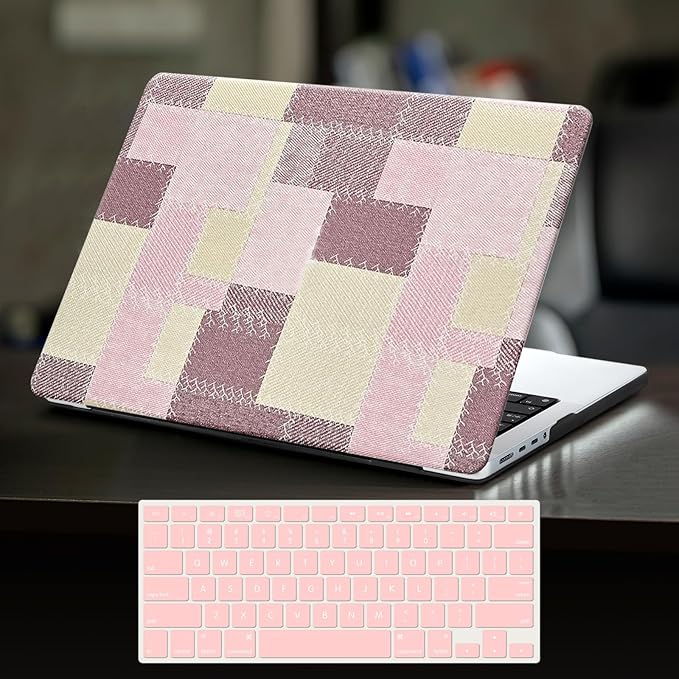 DTangLsm for M5 MacBook Pro 14 inch Case 2026-2021 M4 M3 M2 M1 A3426 A3427 A3434 A3401 A3185 A3112 A2992 A2918 A2779 A2442, Checkered Textured Leather Hard Shell Logo Cutout Case & Keyboard Cover,Pink