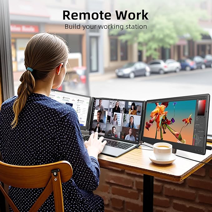 ZUMWALT Laptop Screen Extender, 14" Triple Portable Monitor for Laptop, 1080P FHD Screen Extender Monitors for 13"-16.5", Monitor Extender for MacOS/Windows/Chrome (Built-in Speakers)