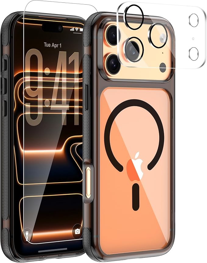 3-in-1 for iPhone 17 Pro Case with Screen Protector & Camera Cover, N52 Magnetic Phone Case Compatible with MagSafe, Non-Slip Matte Smoky Black Bumper with Clear Back, Anti-Scratch Protective Kit