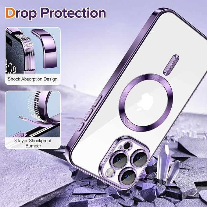 Hython Magnetic Clear for iPhone 15 Pro Case with Camera Lens Protector [Compatible with MagSafe] Luxury Plating Edge Slim Soft TPU Cover Protective Phone Case for iPhone 15 Pro 6.1", Deep Purple
