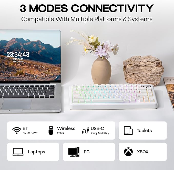 KiiBoom Phantom81 Lite 75% Gasket Mechanical Keyboard, QMK&VIA Programmable, 3 Modes Wireless Gaming Keyboard, RGB Backlights, ABS Case + UV Tech, Hot-Swappable for Windows/Mac/Linux (White)