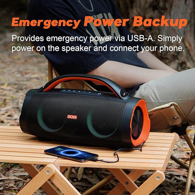 DOSS Extreme Boom Pro 100W Loud Outdoor Speaker, 2+2 Channel, IPX6 Waterproof, Bluetooth 5.3, 20H Playtime, Dynamic RGB Lights, Portable Speaker for Camping, Beach, Pool, Working Outside - Orange