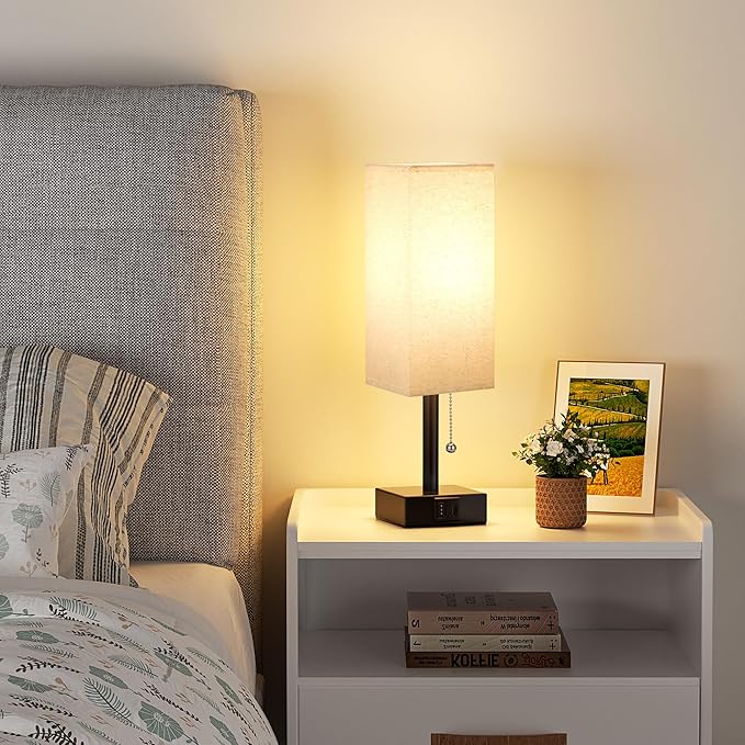 aooshine Small Linen Bedroom Lamp - 3 Color Temperature 3000K 5000K 4000K Bedside Lamp, Pull Chain Control, USB A and C Charging Ports, Black Base, for Kids Office Dorm, Bulb Included