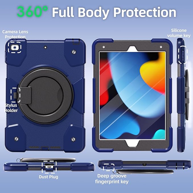 Andnary Case for iPad 9th/8th/7th Generation 10.2 inch, Shockproof Cover with Screen Protector/360° Rotate Stand/Pencil Holder/Shoulder Strap, Kids Case for iPad 2021/2020/2019 (Navy+Black)