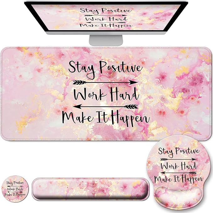 Large Mouse Pad and Keyboard Wrist Rest + Desk Mat Set,Full Long Mouse Pads for Desk Accessories with Memory Foam Gel Pink Mousepad for Women Computer Desktop Office Work-Pink & Black Slogan