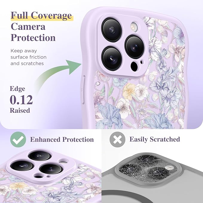 GVIEWIN for iPhone 15 Pro Max Case Compatible with MagSafe [Curly Wave Edge][Full Camera Protection]Floral Translucent Shockproof Magnetic Women Phone Case for 15 Pro Max 6.7'', Apricot Blossom/Purple