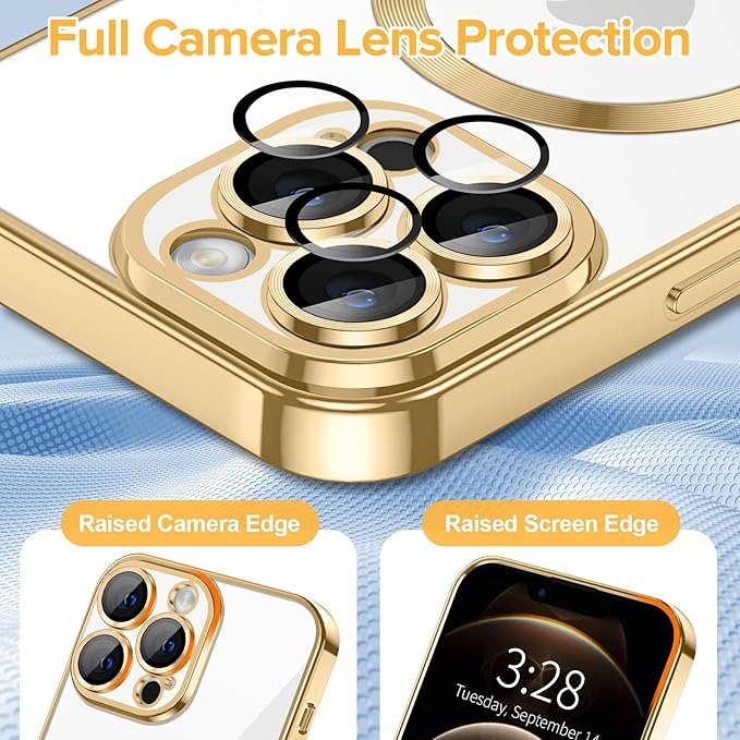 Hython Magnetic Clear for iPhone 12 Pro Case with Camera Lens Protector [Compatible with MagSafe] Luxury Plating Edge Slim Soft TPU Cover Protective Phone Case for iPhone 12 Pro 6.1", Gold