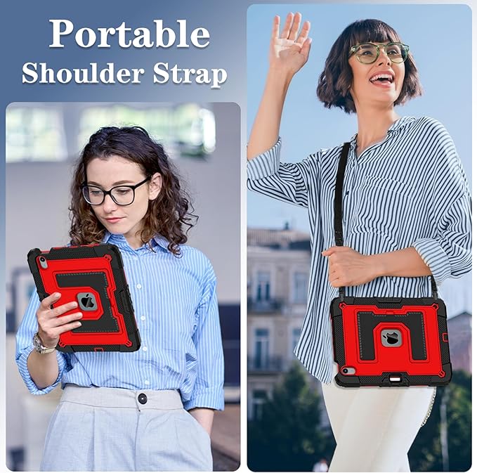 Kids Friendly Case for iPad Air 11 Inch M4 M3 M2 2026/2025/2024 Case with Pencil Holder & Shoulder Strap, Military Grade Shockproof Kickstand Hard Shell Protective Cover,Black+Red