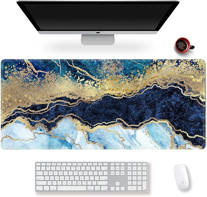 Extended Gaming Mouse Pad XXL ArtSo Large Keyboard Mat Long Mousepad Desk Decor Writing Pad Non Slip Rubber Base Stitched Edges for Work, Game, Office, Home, 35.1" x 15.7", Blue Marble