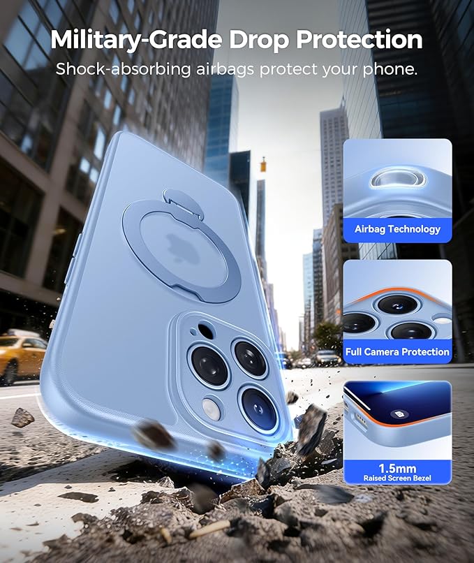 FNTCASE for iPhone 13 Pro Case: [360 Spin Magnetic Stand] [Compatible with Magsafe] [Screen Protector] Translucent Matte Military Grade Shockproof Full Camera Protective Phone Cover - Light Blue