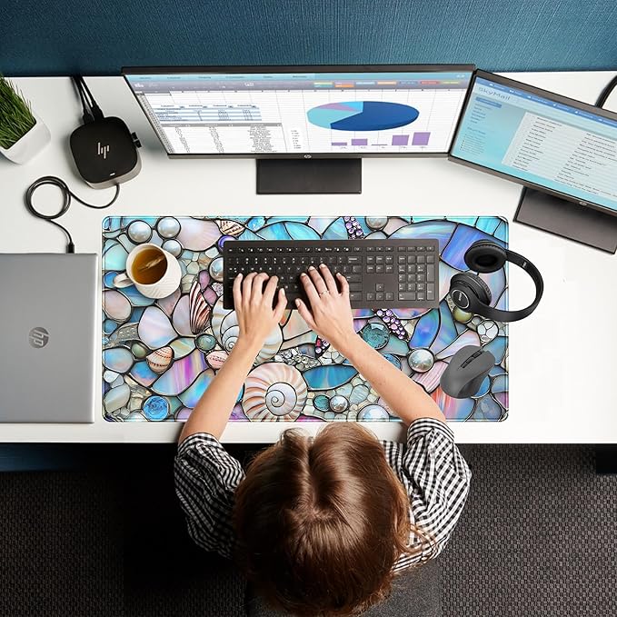 Stained Glass Desk Mat Large Mouse Pad Extended Desk Pad, Gaming Computer Mouse Mat XXL, Big Desktop Keyboard Mat, Full Desk Laptop Pad for Office Work, Ocean Desk Decor Aesthetic 31.5×15.7 Inch