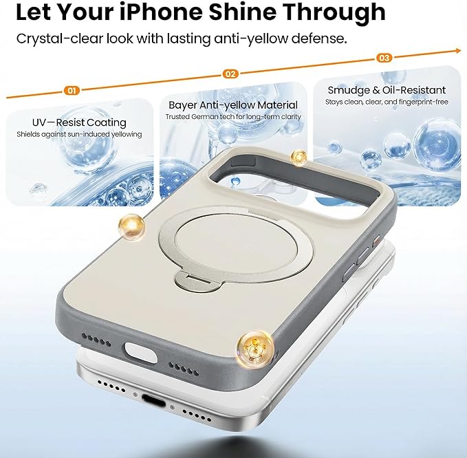 3in1 for 360°Ring Stand for iPhone 17 Pro Max Case with 1X Screen Protector +1X Camera Cover,Fit for MagSafe, Anti-Yellowing & Scratch-Resistant Back Phone Case for iPhone 17 Pro Max 6.9", White