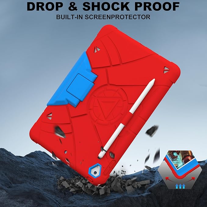 Andnary Case for iPad 9th/8th/7th Generation 10.2 inch, Heavy Shockproof Cover with Screen Protector/180° Rotating Handle/Bracket/Pen Holder/Shoulder Strap, Kids Case for 2021/2020/2019 (D-Red+Blue)