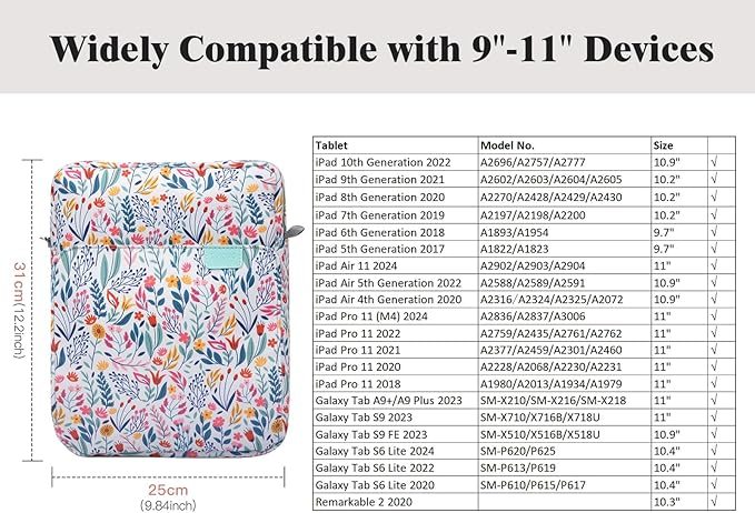 TiMOVO 9-11 Inch Tablet Sleeve Bag with Shoulder Strap for iPad 11-inch A16 2025, iPad 10th Gen. 10.9"/10.2", Galaxy Tab A9+/A11Plus 11", Flowers
