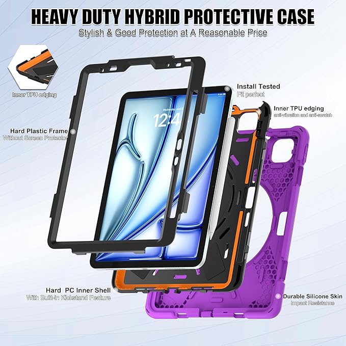 SCSVPN Case for iPad Air 11 Inch M4/M3/M2 (2026/2025/2024), iPad Air 10.9'' 5th/4th Gen 2022/2020, iPad Pro 11 4th/3rd/2nd/1st Gen, Protective Kids Case with Pen Holder, Stand, Shoulder Strap, Purple