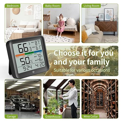 Indoor Thermometer Room Temperature Home Hygrometer Humidity Gauge, Accurate Calibration, Backlight, Air Comfort Indicator, Max Min Records, Time, Date (1, Black, 3.6" W x 3.4" H)