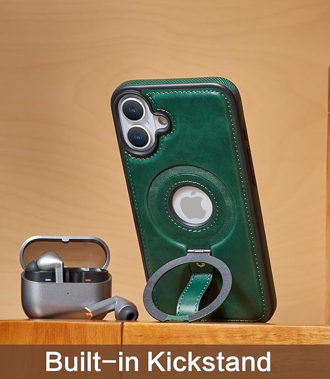 Butaiga for iPhone 16 Leather Case with Stand, Anti-Slip Grip Ring, Fits for MagSafe (Green, iPhone 16)
