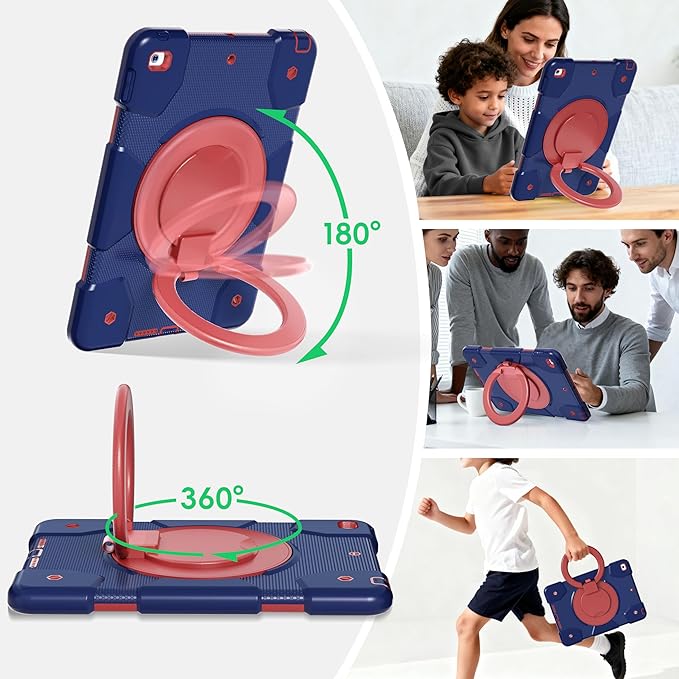 Andnary Case for iPad 9th/8th/7th Generation 10.2 inch, Shockproof Cover with Screen Protector/360° Rotate Stand/Pencil Holder/Shoulder Strap, Kids Case for iPad 2021/2020/2019 (Navy+Red)