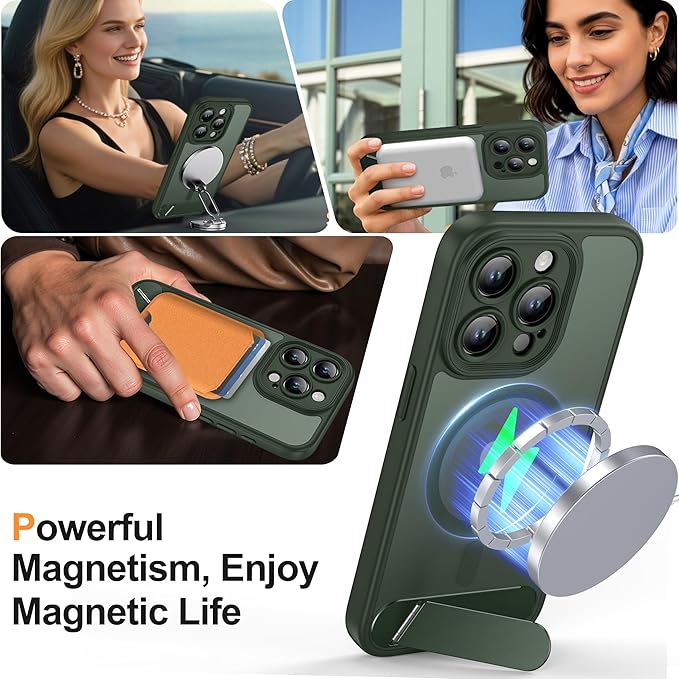 Magnetic Compatible with iPhone 15 Pro Case, [Built-in Kickstand][Full Camera Protection][Compatible with MagSafe][Anti-Fingerprint] Shockproof Phone Case for iPhone 15 Pro 6.1",Green