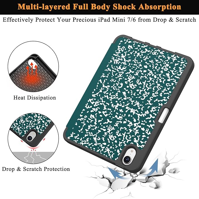Soke Case for iPad mini 7(A17 Pro) 2024/iPad Mini 6 2021 8.3 inch with Pencil Holder-[Pencil Charging + Auto Wake/Sleep], Soft TPU Back Cover for iPad mini 7th/6th Generation(Book Dark Green)