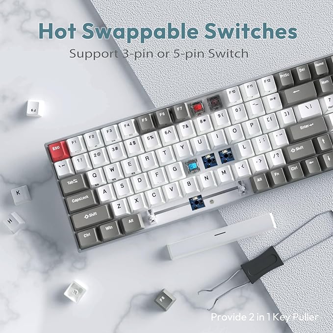 RK ROYAL KLUDGE RK100 Wireless Mechanical Keyboard RGB Backlit Bluetooth5.1/2.4G/Wired 96% Full Size 100-Key Hot Swappable Gaming Keyboard Brown Switch Carbon