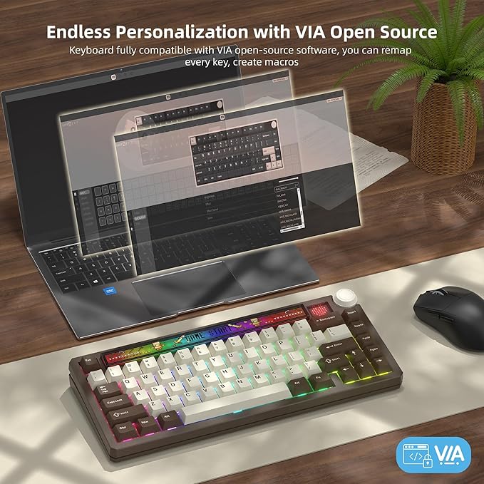Womier 75% Wireless Mechanical Keyboard with Screen and Knob, Retro Creamy Bluetooth Gaming Keyboard Custom Clear Anime Light Box, RGB/Hot Swappable/PBT Keycaps, VIA Programmable for Mac/PC, K80 Brown