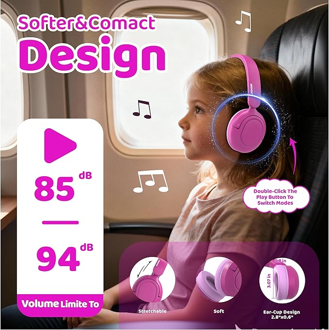 MIDOLA Kids Bluetooth Headphones Active Noise Cancelling Lightweight Wireless Headphone for Kid Volume Limited 85/94dB Foldable Over-Ear Headset with Mic,68 Hours Playtime,for Toddler Child Rose Pink