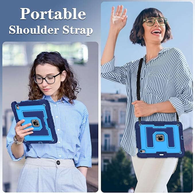 Kids Friendly Case for iPad Air 11 Inch M4 M3 M2 2026/2025/2024 Case with Pencil Holder & Shoulder Strap, Military Grade Shockproof Kickstand Hard Shell Protective Cover,Blue