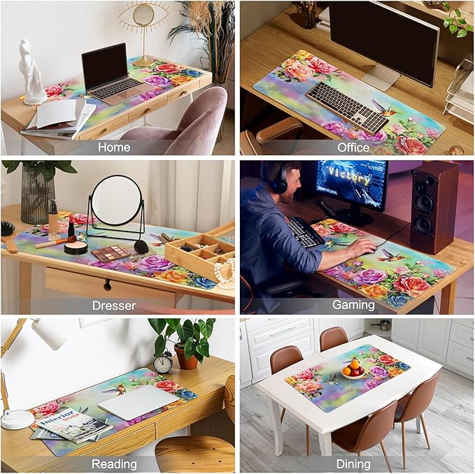 Colorful Large Mouse Pad, Pink Floral Desk Mat for Desktop, Women Girls Waterproof Gaming Mousepad, Computer PC Laptop Protector Writing Pads for School Office Home 31.5" x 15.7", Floral